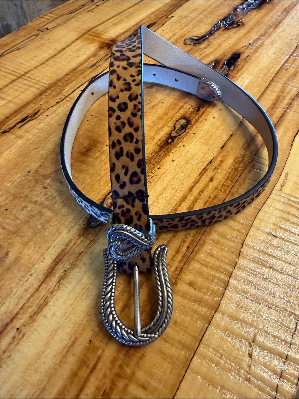 Chicoโs Calf Hair Leather Leopard Heart Belt Sz Small - NWOT